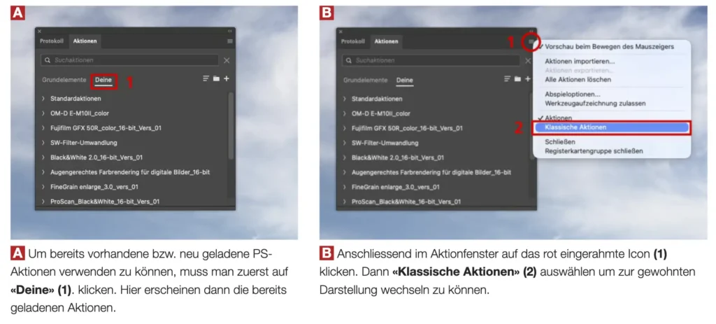 Mit wenigen Änderungen sihest du in der neuesten Photoshop.Version 27.6.0 die bereits geladen Photoshop-Aktioen wie bisher