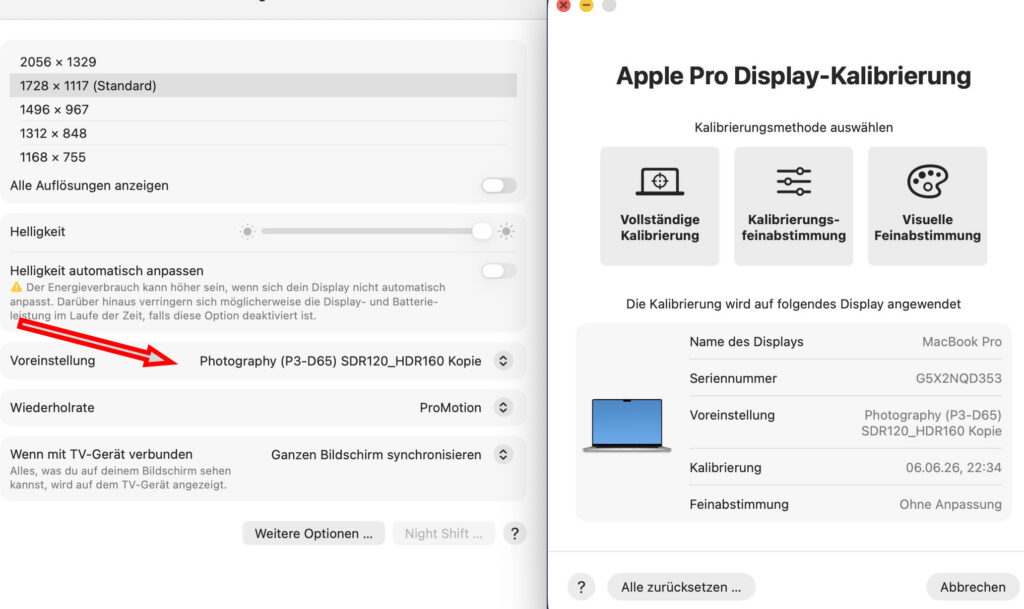 Unter Voreinstellung ist nun das modifizierte Preset gewählt. Im nächsten Schritt klicke ich auf "Vollständige Kalibrierung" und der Prozess beginnt. Auf dem Display leuchtet ein grüner Kreis, auf dem das Calibrite Display Plus HL aufgesetzt wird. Nach Klick auf "Beginnen" wird für 30 Minuten das zu messende Display in voller Intensität leuchten, ehe der eigentliche Messvorgang überhaupt beginnt. Nach etwa 50 Minuten ist der Vorgang beendet