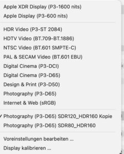 Die Liste der Presets in den Systemeinstellungen von Apple enthält Vorgaben für bestimmte Anforderungen. Für Bildbearbeitung und Fotografie ist "Photography (P3-D65)" die Ausgangsbasis. Klicken wir auf "Voreinstellungen bearbeiten", so können wird Korrekturen beispielsweise in der Monitorhelligkeit vornehmen.